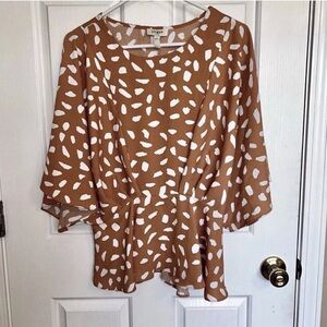 Umgee Tan & White Abstract Spot Print Kimono Sleeve Peplum Blouse Size S